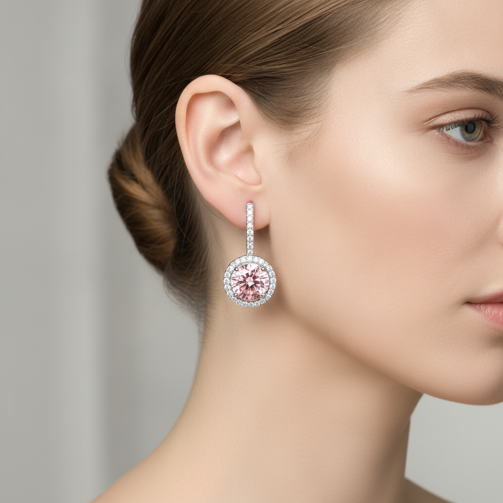 Pink Diamond Earrings 2 Carat Lab Grown Round Halo 14K White Gold