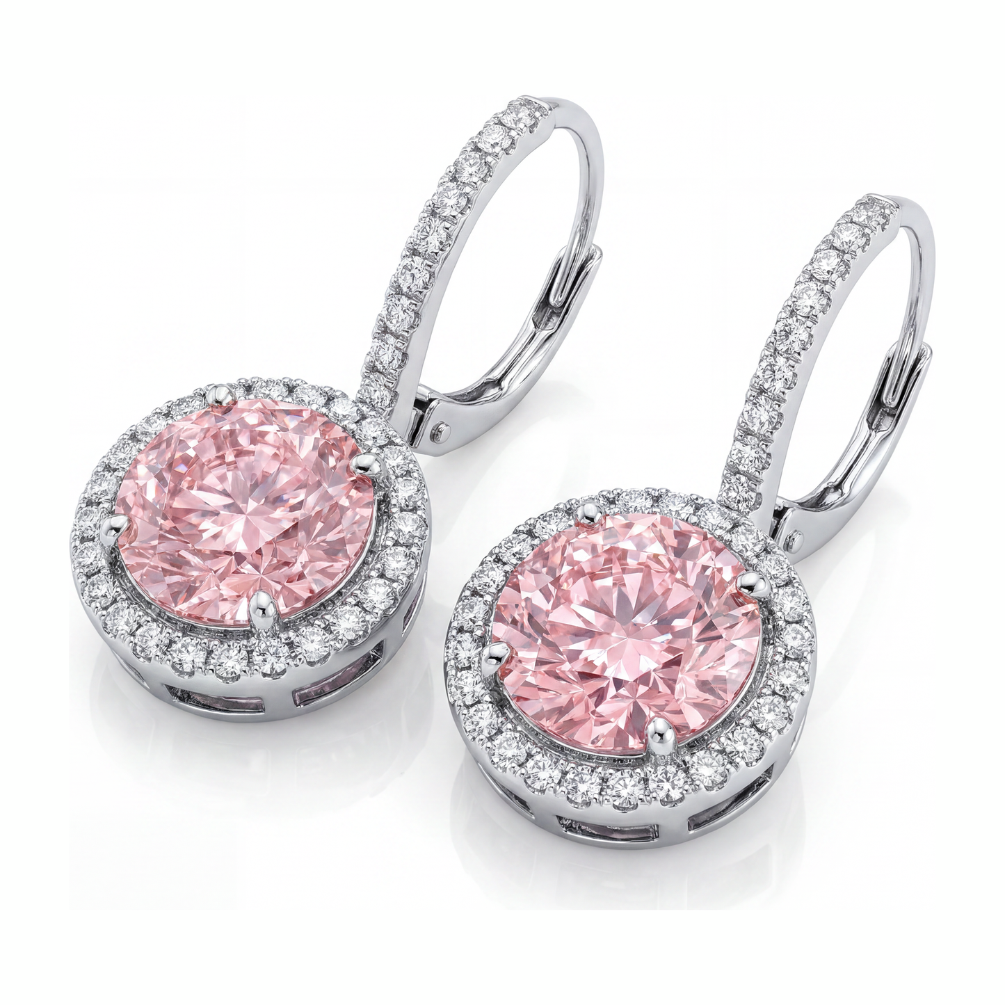 Pink Diamond Earrings 2 Carat Lab Grown Round Halo 14K White Gold