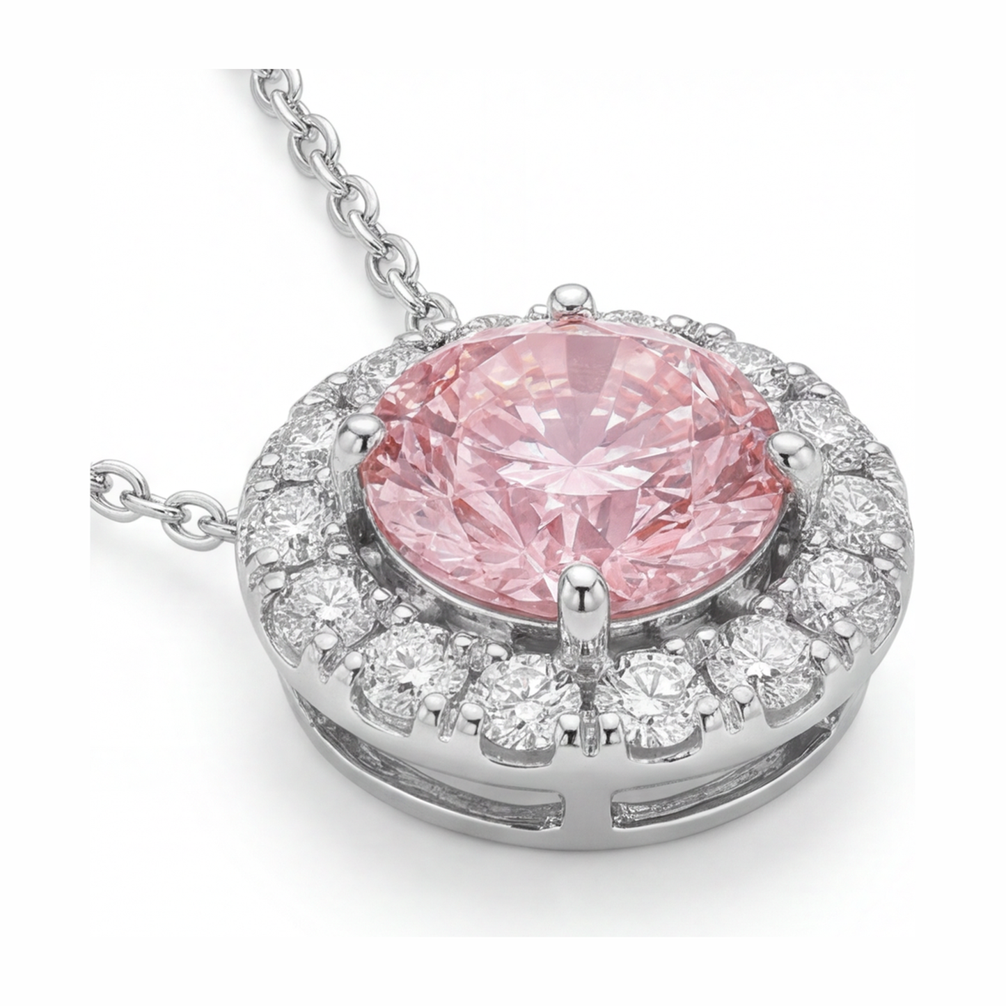 Pink Diamond Necklace 2 Carat Lab Grown Round Halo Pendant 14K White Gold