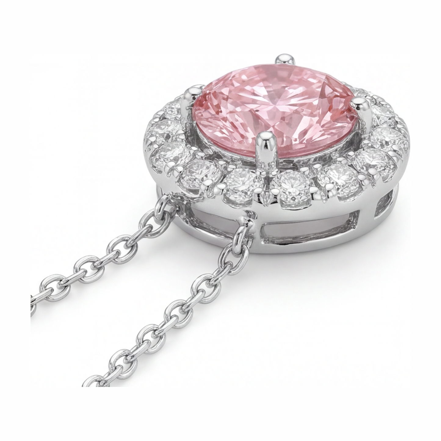 Pink Diamond Necklace 2 Carat Lab Grown Round Halo Pendant 14K White Gold