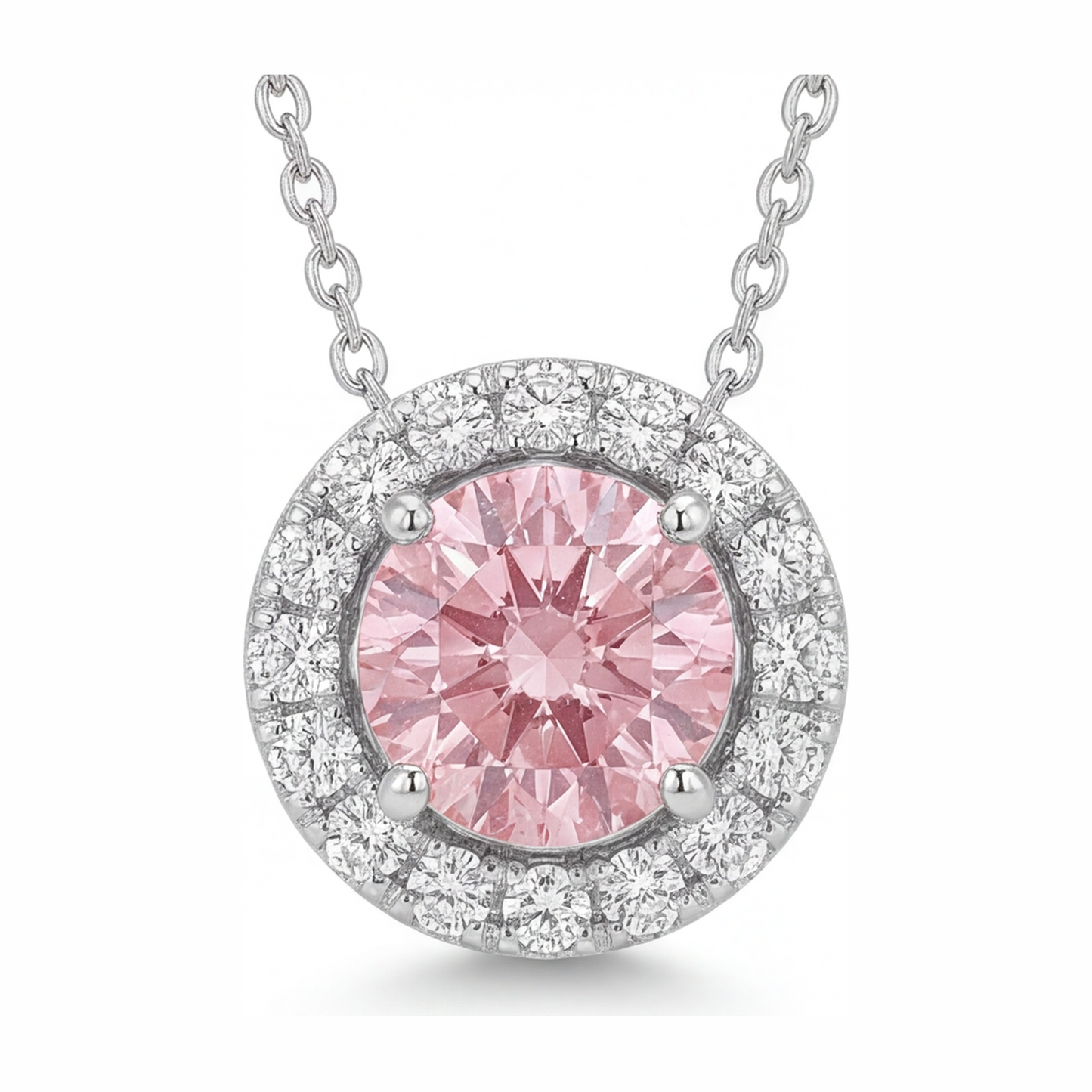 Pink Diamond Necklace 2 Carat Lab Grown Round Halo Pendant 14K White Gold