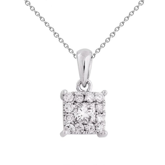 2.20 Ct Princess And Round Real Diamond Necklace Pendant 14K White Gold