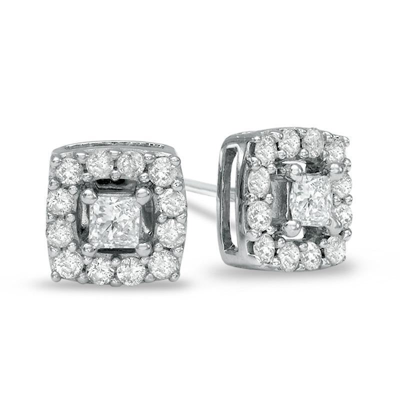 2.2 Ct Four Prong Set Princess & Round Real Diamond Stud Earring Halo