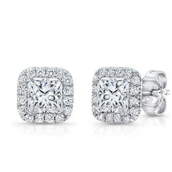 2.32 Carats Princess And Round Halo Real Natural Earth Mined Diamond Stud Earring White Gold