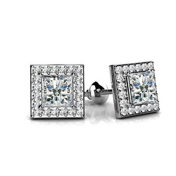 2.40 Ct Princess & Round Cut Halo Real Diamond Stud Earring 14K White Gold