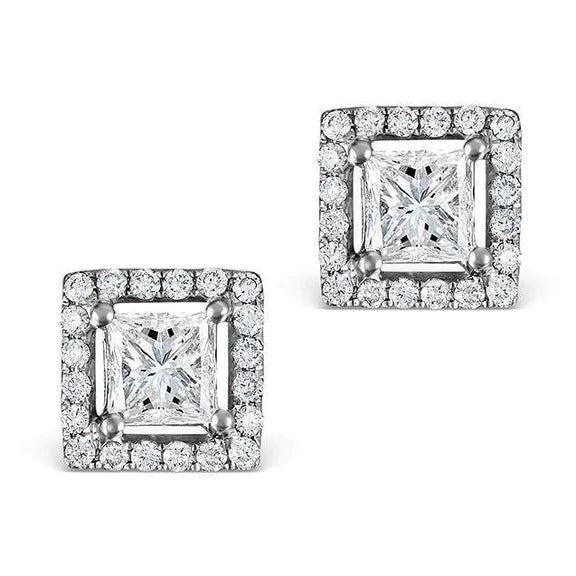 2.40 Ct Princess & Round Real Diamond Stud Halo Earring