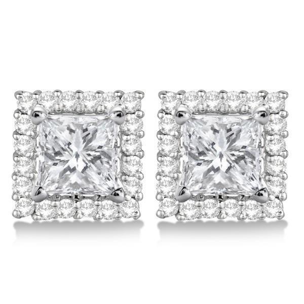 2.4 Carats Princess And Round Cut Real Diamonds Halo Studs Earrings WG 14K