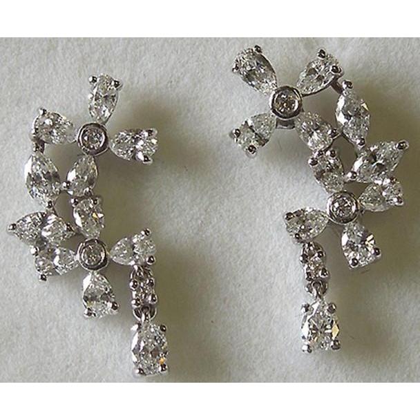 2.50 Carat Pear & Round Real Diamond Chandelier Lady Earring Pair Dangle