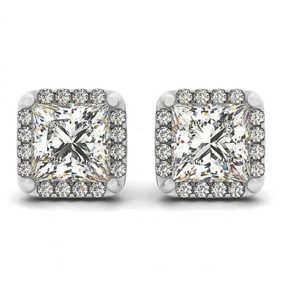 2.50 Carats Princess Center Real Diamond Studs Earrings Halo White Gold 14K