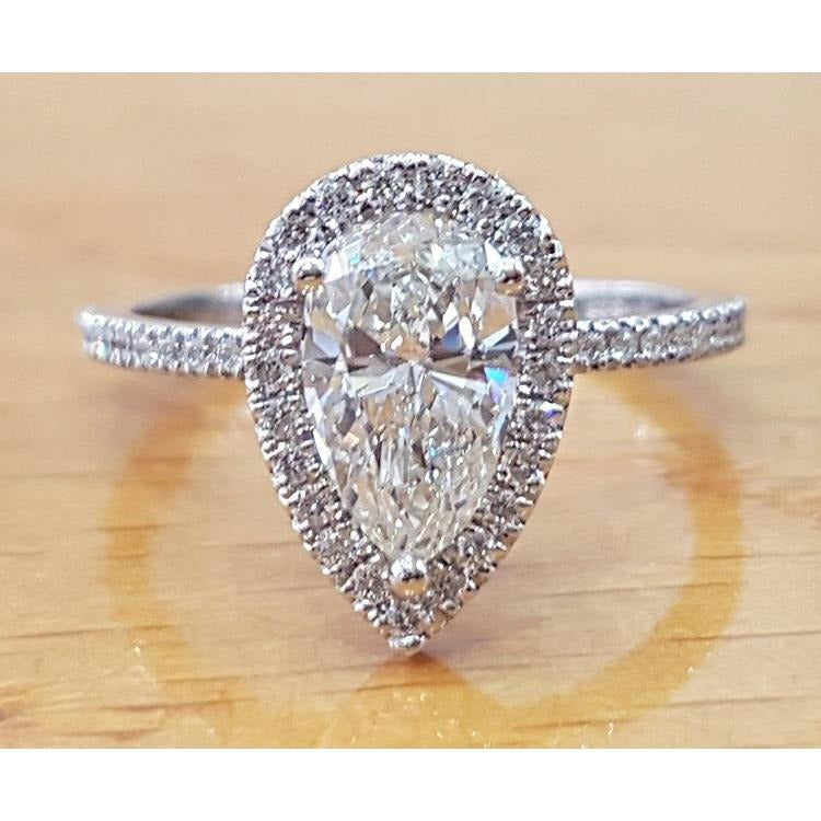 2.50 Carats Real Diamond Pear Halo Engagement Ring White Gold 14K
