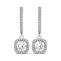 2.50 Carats Sparkling Cushion & Round Real Natural Earth Mined Diamonds Dangle Earrings