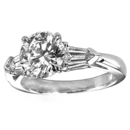 2.70 Carat Real Diamond Ring Round & Baguette Cut Three Stone Ring