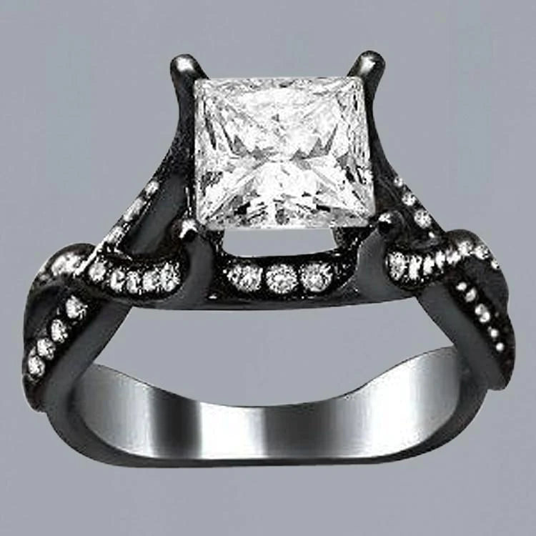 2.75 Carats Princess & Round Real Diamond Fancy Ring Black Gold 14K