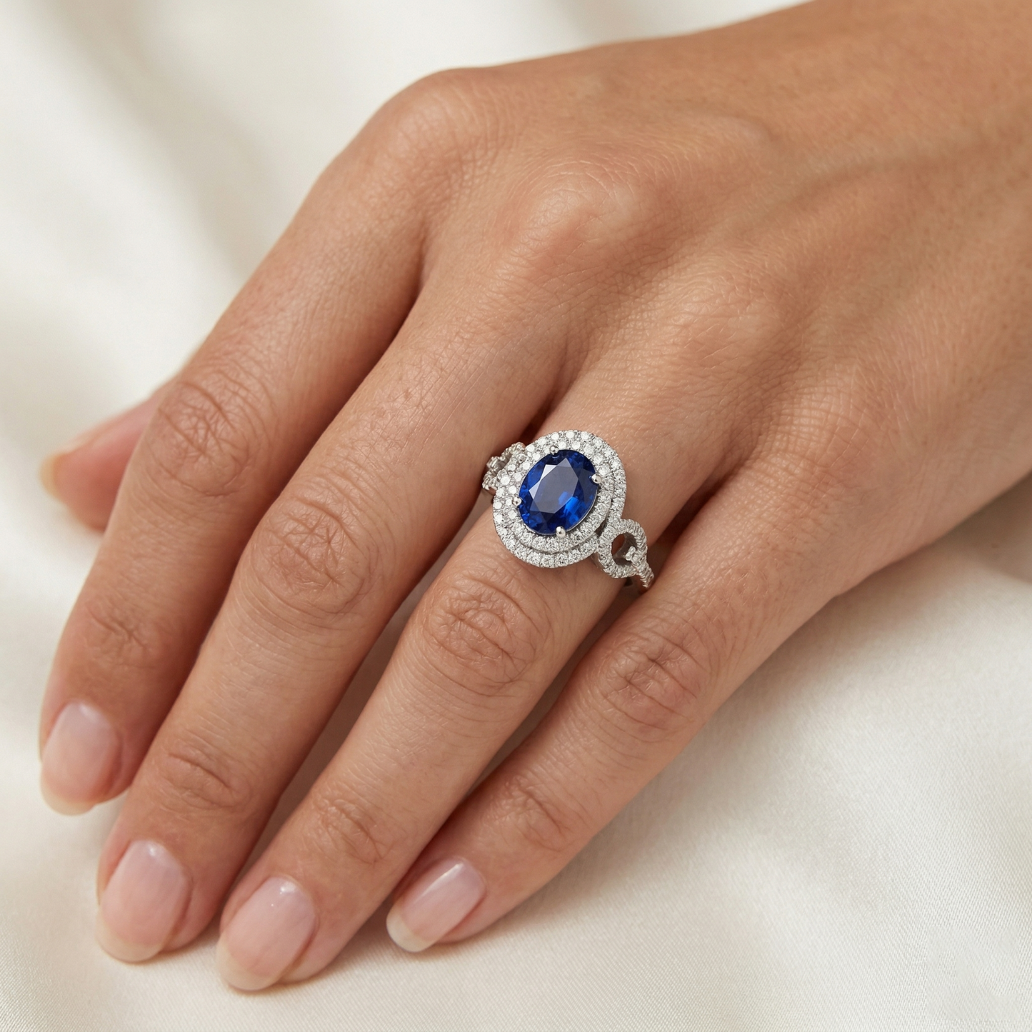 2.75 Carats White Gold Oval Ceylon Sapphire With Round Natural Earth Mined Diamond ( Not Lab Grown ) Ring