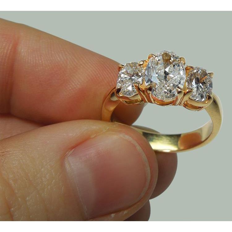 2.81 Cts. Oval Real Diamonds Three Stone Engagement Ring Yellow Gold 18K