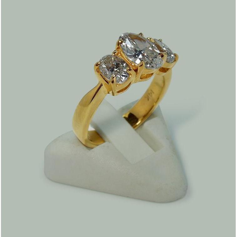 2.81 Cts. Oval Real Diamonds Three Stone Engagement Ring Yellow Gold 18K