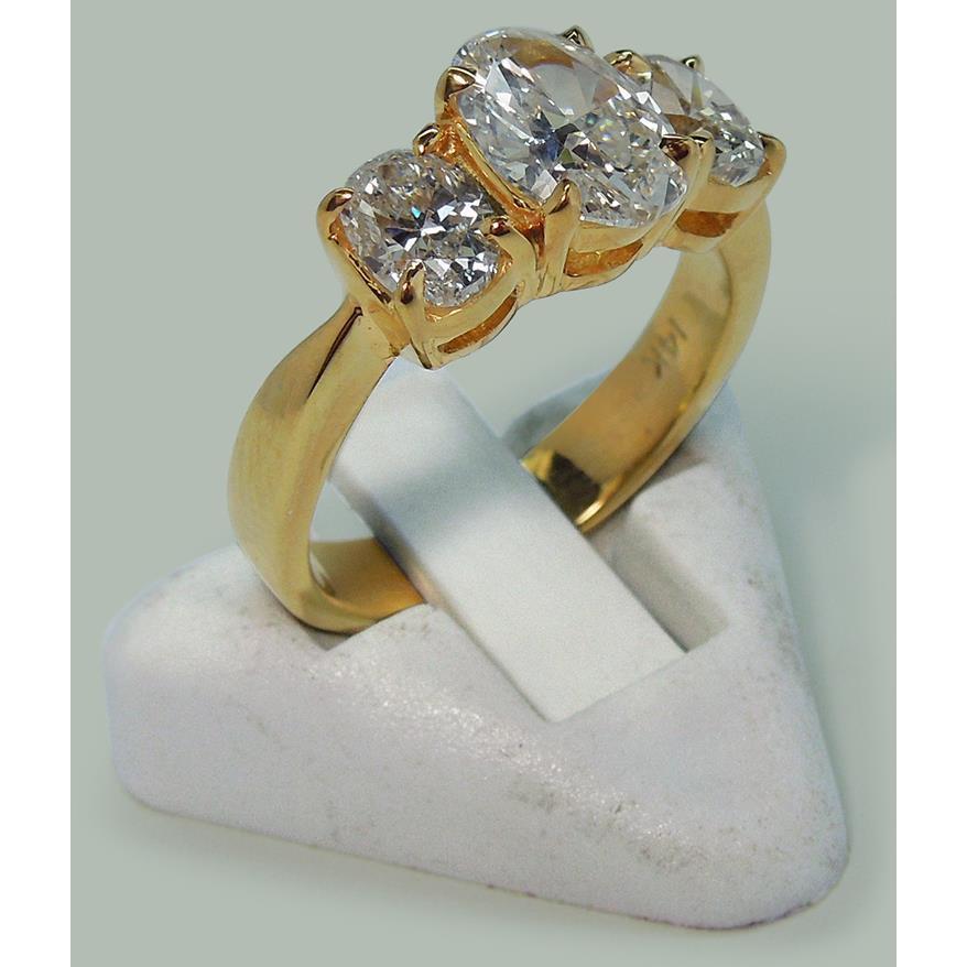 2.81 Cts. Oval Real Diamonds Three Stone Engagement Ring Yellow Gold 18K