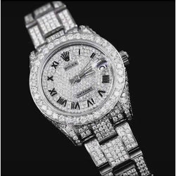 22 Ct. Custom Diamond Covered Rolex Ladies Watch Oyster Bracelet Ss