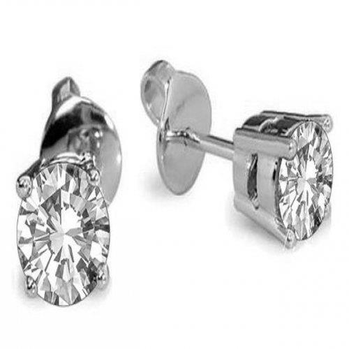 2 Carat 4 Prong Set Oval Solitaire Natural Diamond Stud Earrings White Gold