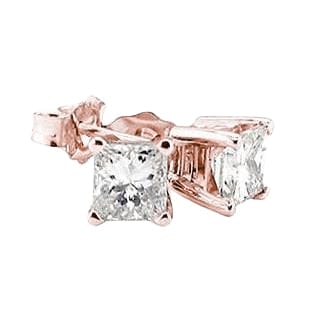 2 Carat Princess Genuine Diamonds Stud Earrings Rose Gold