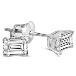 2 Carat Solitaire Real Emerald Cut Diamond Stud Earring White Gold