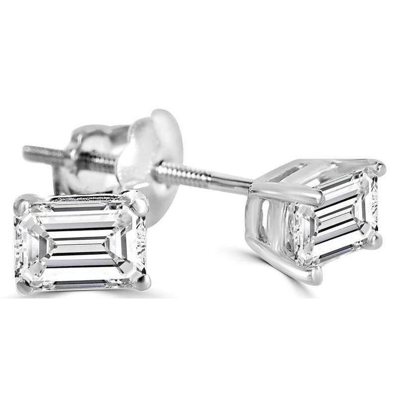 2 Carat Solitaire Real Emerald Cut Diamond Stud Earring White Gold - Stud Earrings-harrychadent.ca