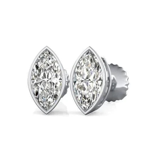2 Carats Bezel Set Marquise Cut Stud Real Diamond Women Gold Earring