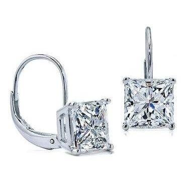 2 Carats D Vvs1 Princess Cut Genuine Diamond Earrings Leverback Eurowire 14K White Gold