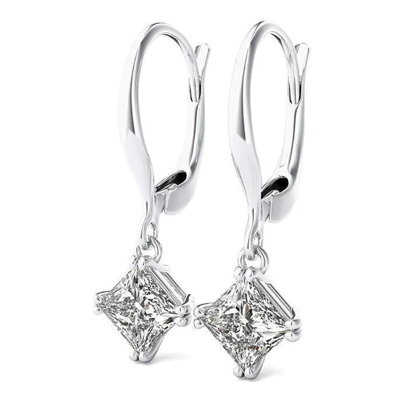 2 Carats E Vvs1 Princess Cut Real Diamond Earrings Leverback Eurowire 14K White Gold