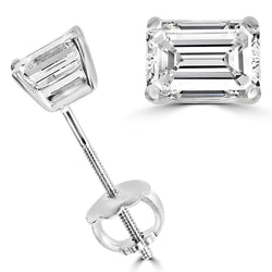 2 Carats Emerald Cut Real Diamond Stud Earring Pair White Gold 14K