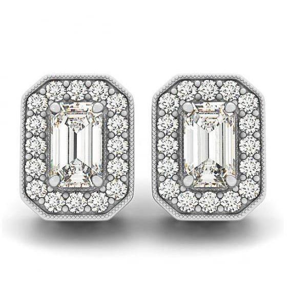 2 Carats Emerald & Round Real Diamonds White Gold 14K Studs Earrings Halo