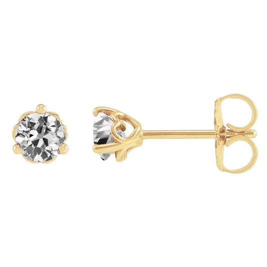 2 Carats Gold Stud Earrings Old European Natural Diamond Prong Set Push Backs