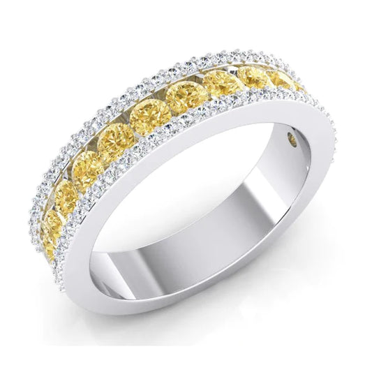 2 Carats Half Eternity Yellow Canary & White Real Diamond Gold Band