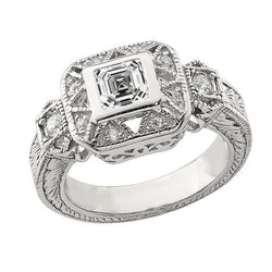 2 Carats Miligrain Halo Ring Antique Style Round & Asscher Real Natural Earth Mined Diamond