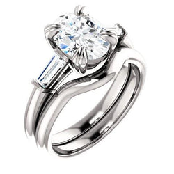 2 Carats Oval Center Natural Diamond 3 Stone Engagement Ring 14K White Gold