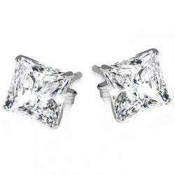 2 Carats Princess Real Natural Earth Mined Diamond Stud Lady Earrings White Gold 14K