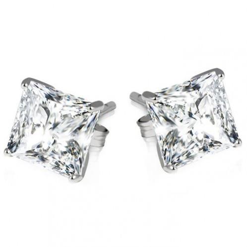 2 Carats Princess Real Diamond Stud Lady Earrings White Gold 14K