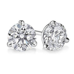 2 Carats Real Natural Earth Mined Diamond Stud Earring Round Cut Three Prong Set White Gold 14K