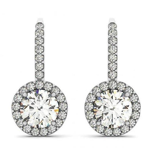 2 Carats Round Brilliant Natural Diamonds Halo Drop Earrings