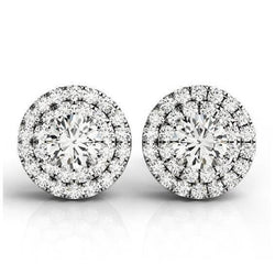 2 Carats Round Center Genuine Diamonds Round Studs Halo Pair Earring Gold