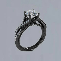 2 Carats Round Real Diamond Black Gold 14K Ring Solitaire With Accents