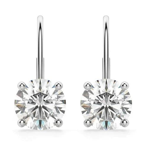 2 Carats Round Solitaire Natural Diamond Leverrback Earring White Gold 14K