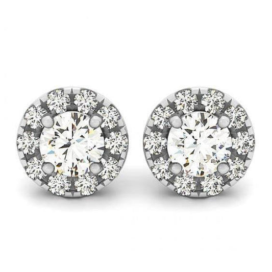 2 Carats White Gold Real Round Diamonds Halo Stud Earrings Pair