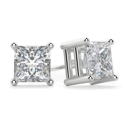 2 Ct.  Princess Cut Natural Diamond Stud Earring 4 Prong Setting White Gold