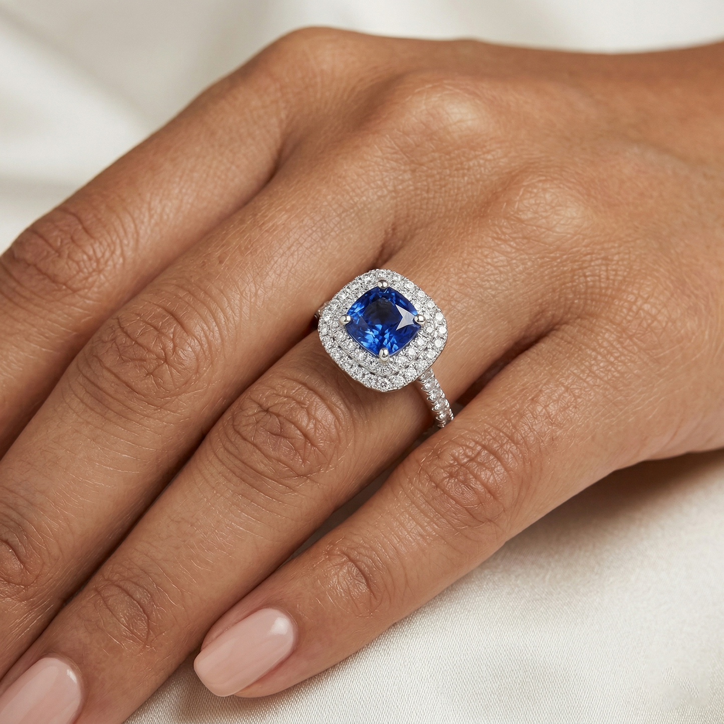 2 Ct Blue Cushion Sapphire And Halo Round Natural Earth Mined Diamond ( Not Lab Grown ) Ring 14K White Gold