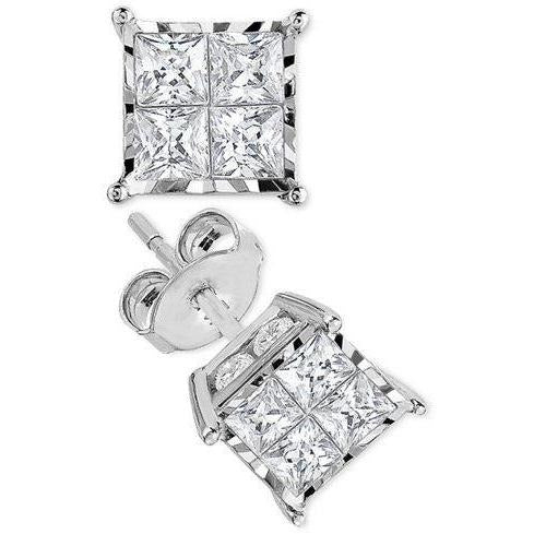 2 Ct Real Princess Cut Diamond Stud Earring White Gold