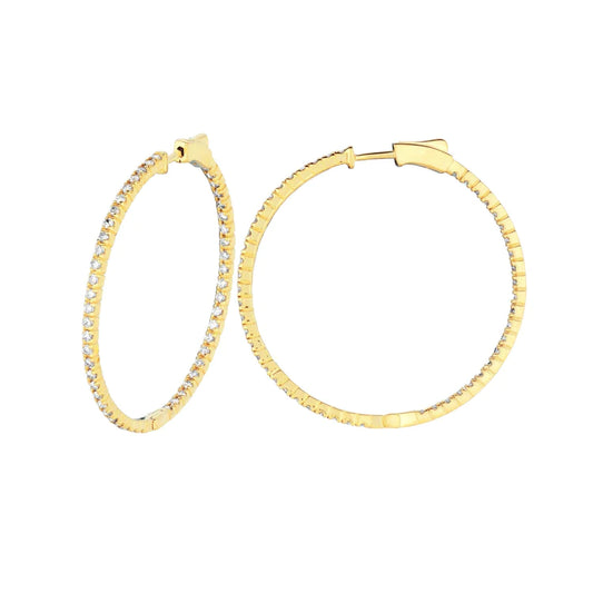 2 Pointer Natural Hoop Earrings Patented Snap Lock 2 Carats 14K Yellow