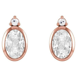 2 Stone Real Diamond Oval Old Miner & Round Drop Earrings 9 Ct. Bezel Set