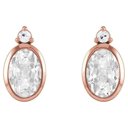 2 Stone Real Diamond Oval Old Miner & Round Drop Earrings 9 Ct. Bezel Set