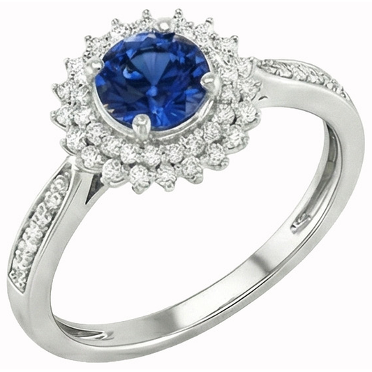 3.10 Ct Round Ceylon Blue Sapphire & Natural Earth Mined Diamond ( Not Lab Grown ) s Ring WG 14K
